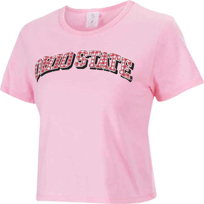 Women's Pink Ohio State Buckeyes Gingham Logo Cropped T-Shirt