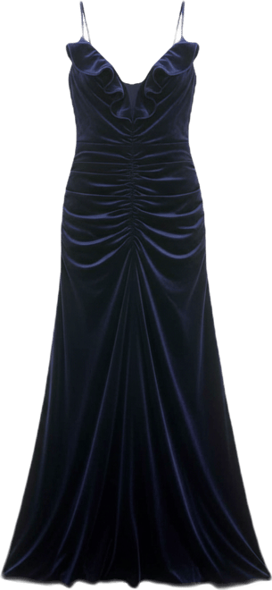 Women's Ruched Velvet Ruffle V-Neck Dress