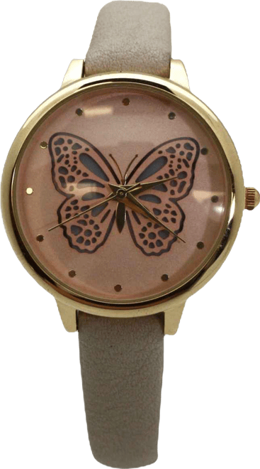 Gray Thin Faux Leather Butterfly Face Women Watch