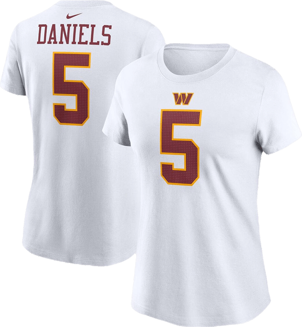 Women's Jayden Daniels White Washington Commanders Super Bowl Era Name Number T-Shirt