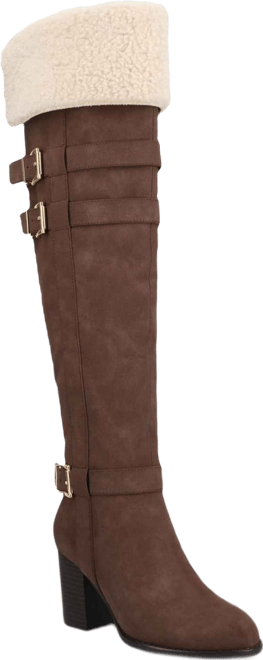 Journee Women's Alyza Buckle Detail Over-the-Knee Inside Zipper Almond Toe Comfort Sherpa Boots