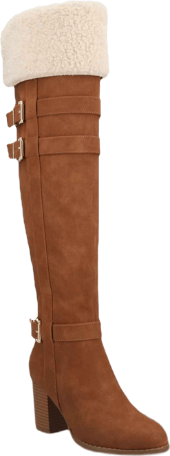 Journee Women's Alyza Buckle Detail Over-the-Knee Inside Zipper Almond Toe Comfort Sherpa Boots