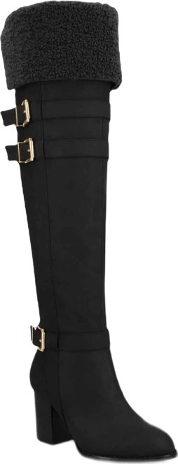 Journee Women's Alyza Buckle Detail Over-the-Knee Inside Zipper Almond Toe Comfort Sherpa Boots