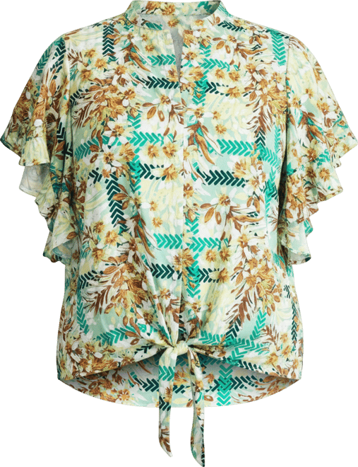 Women's Plus Size Tie Front Scarf Sleeve Blouse