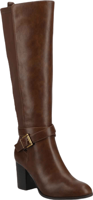 Journee Women's Avalonn Buckle Strap Knee High Stacked Heel Inside Zipper Extra Wide-Calf Comfort Dress Boots