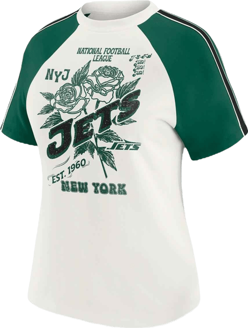 Women's White New York Jets Sleeve Stripe Distressed Raglan T-Shirt