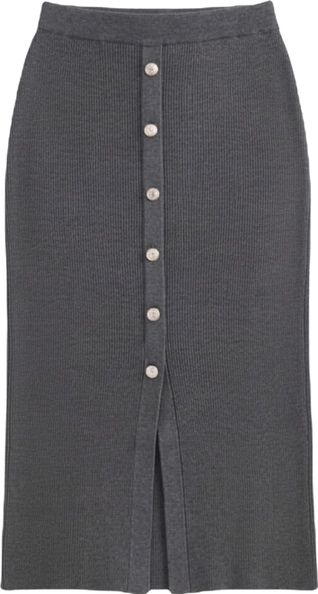 Women's Long Rib Knit Skirt with Button Detail