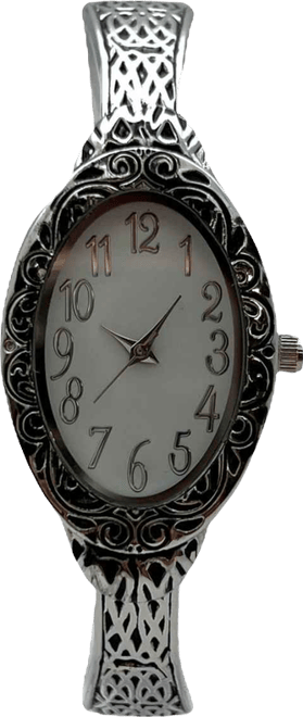 Silver Oval Face Elegant Textured Bangle Women Watch