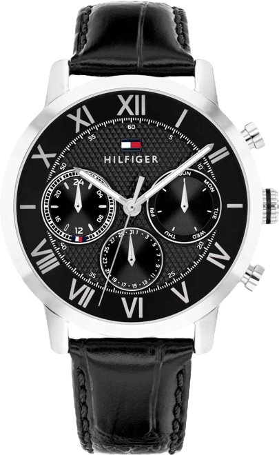 Men's Multifunction Black Leather Strap Watch, 42mm