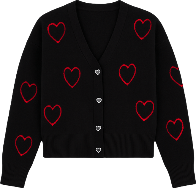 Women's V-Neck Heart Jacquard Cardigan Sweater