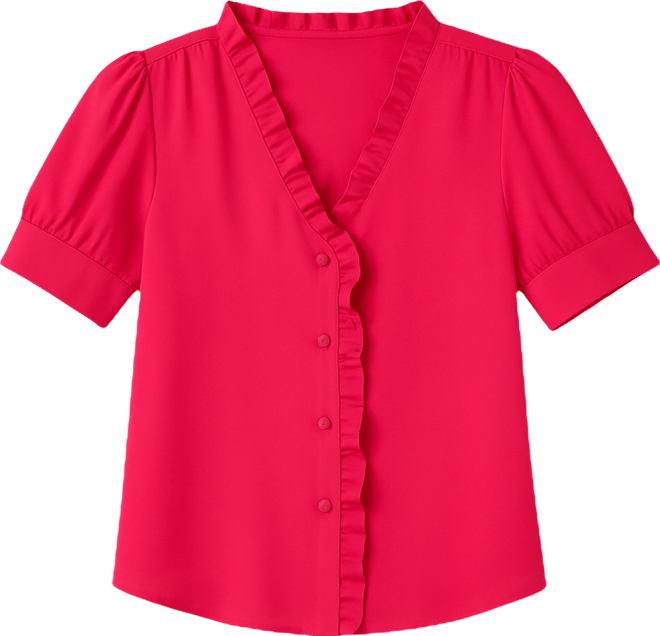Women's Puff Short-Sleeve Button Down Ruffle Top