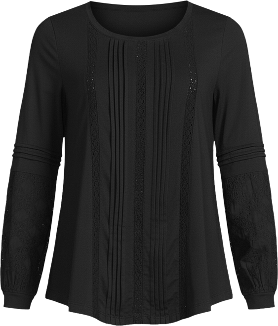 Women's Petite Lightweight Jersey Lace Mix Long Sleeve Pintuck Top