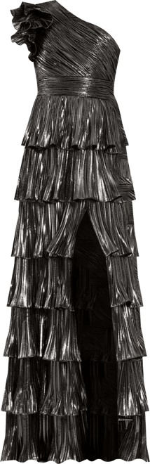 mac duggal ruffle tiered metallic ruched shoulder dress Gold Metallic Pleated Gown with Ruffle Shoulder Detail