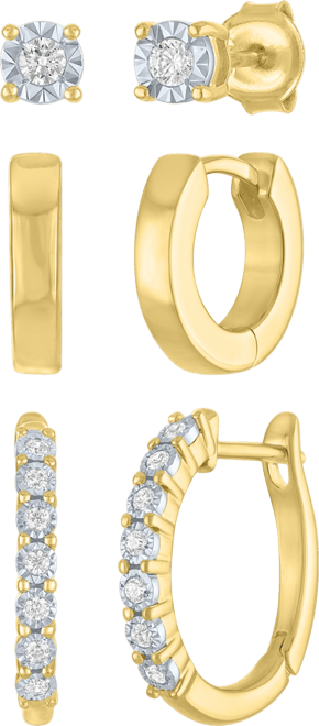 3-Pc. Diamond Earrings Set (1/5 ct. t.w.) in 14k Yellow Gold Over Sterling Silver