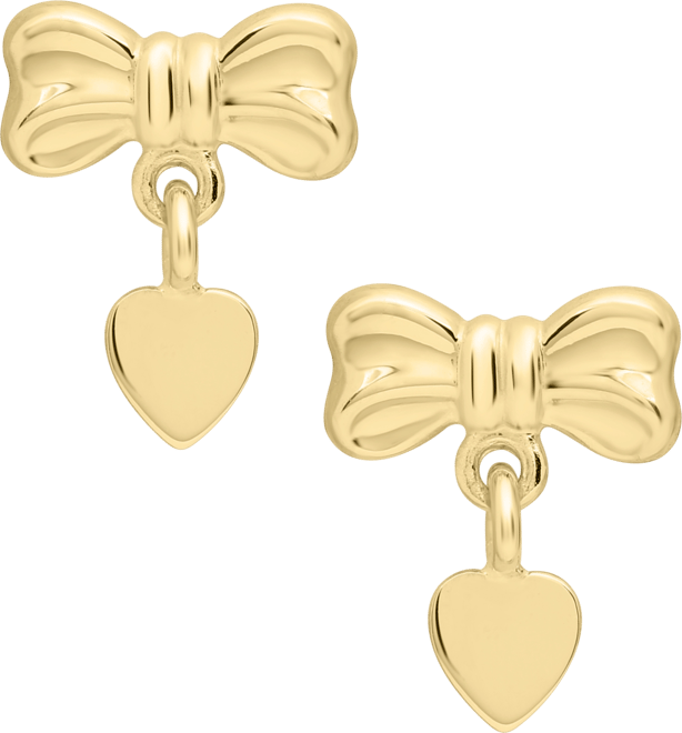 Bow Heart Drop Earrings in 14K Gold