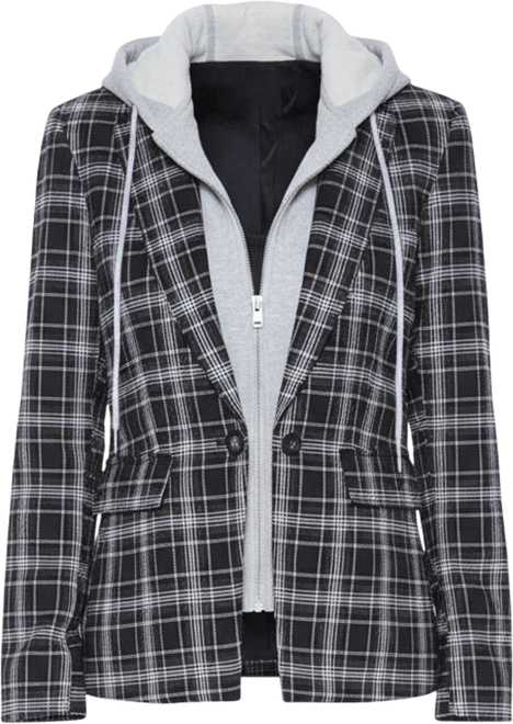Women's Helen Blazer With Removable Hoodie Insert, Black Plaid