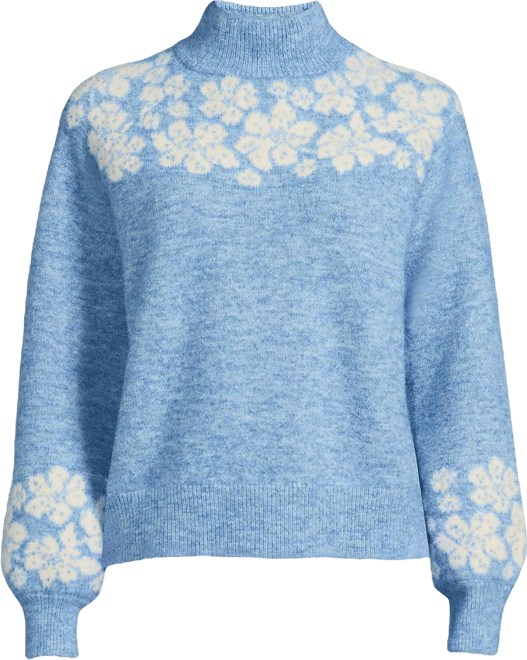 Women's Fuzzy Turtleneck Lantern Sleeve Jacquard Sweater