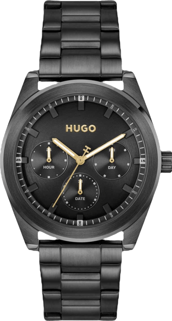 Men's Bright Sport Quartz Multifunction Ionic Plated Black Steel Watch, 42mm