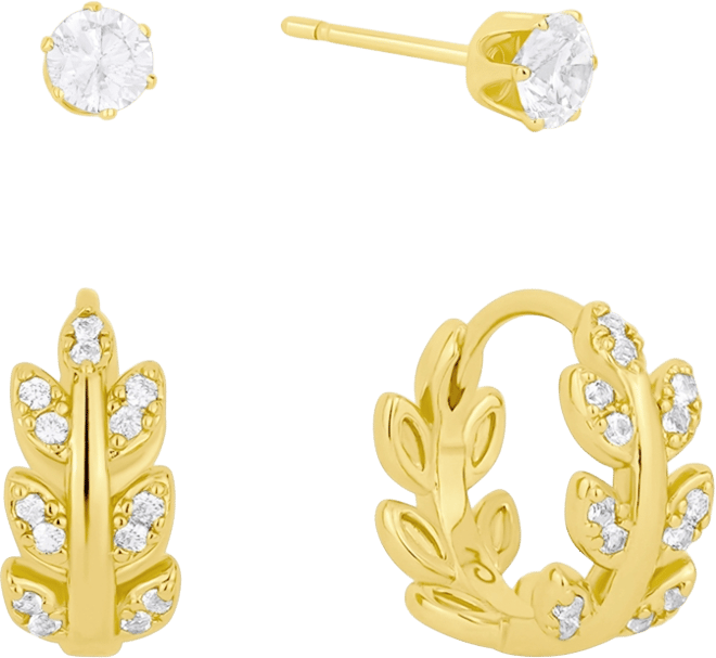 Cubic Zirconia Duo Stud and Leaf Hoop Earrings