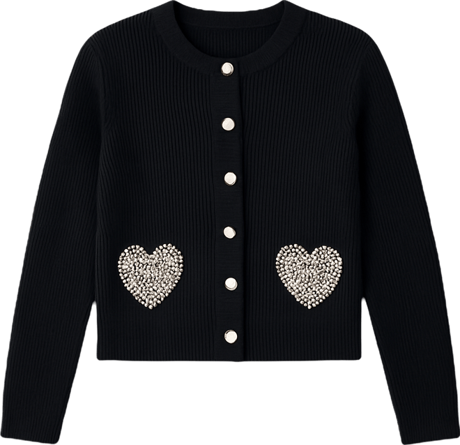 Women's Crewneck Rhinestone Heart Pocket Cardigan