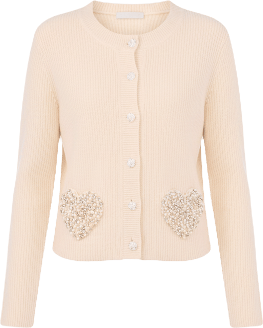 Women's Crewneck Rhinestone Heart Pocket Cardigan