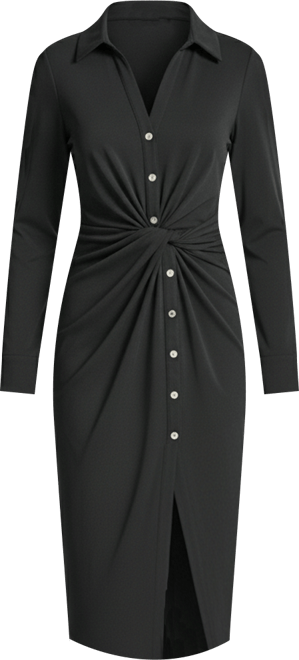 Women's Long Sleeve Asymmetrical Knot Button Front Sheath Dress