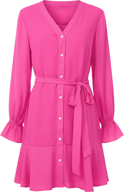 Women's V-Neck Long-Sleeve Tie Waist Dress