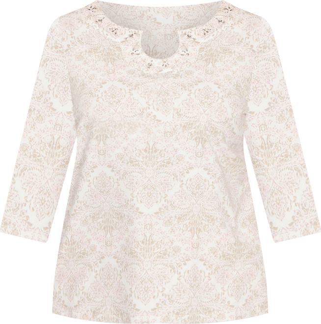 Plus Size Printed 3/4 Sleeve Top with Horseshoe Neckline