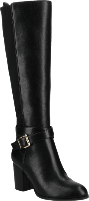 Journee Women's Avalonn Buckle Strap Knee High Stacked Heel Inside Zipper Extra Wide-Calf Comfort Dress Boots