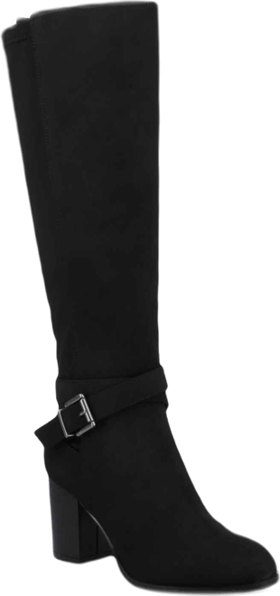 Journee Women's Avalonn Buckle Strap Knee High Stacked Heel Inside Zipper Wide-Calf Comfort Dress Boots