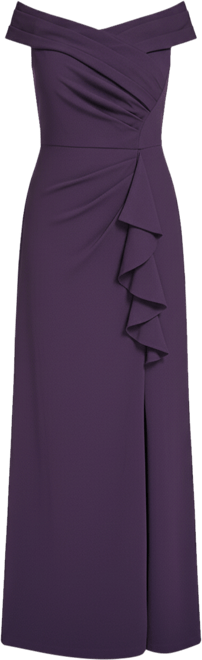 Petite Off Shoulder Pleated Ruffle Gown