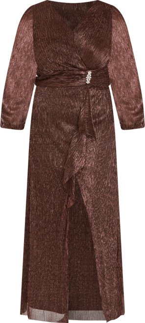 Plus Size Crinkle Pleated Long Sleeve Ruffle Cascade Dress