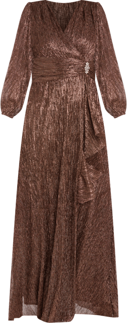 Petite Long Sleeve Crinkle Pleated Ruffle Cascade Dress