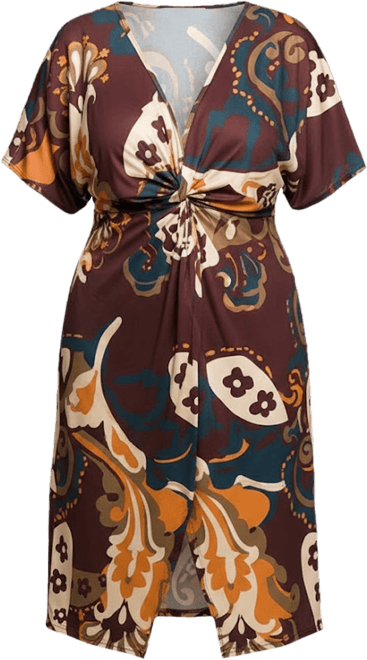 Plus Size Short Sleeve Knot Front Midi Dress