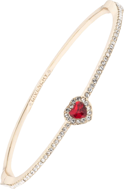 Glass Stone Gold-Tone or Silver-Tone Heart Bangle Bracelet