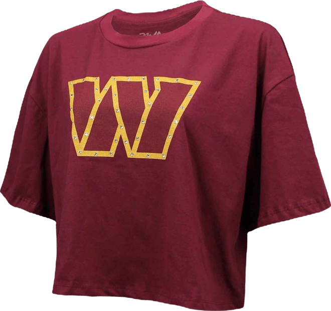 Women's Jayden Daniels Burgundy Washington Commanders Swarovski Crystals Boxy Cropped Name Number T-Shirt