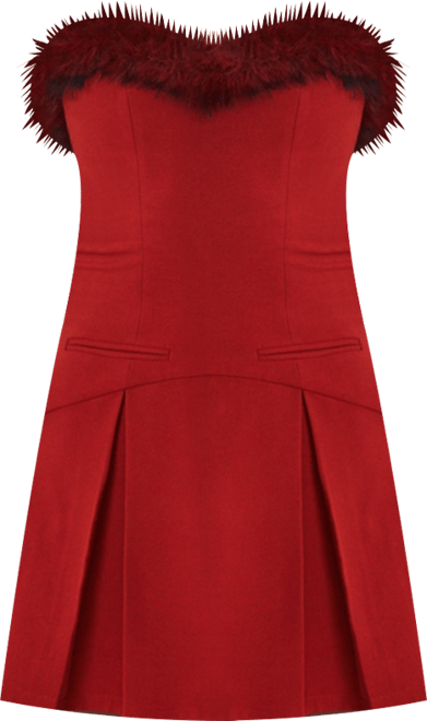 Women's Nalia Crimson Fur Trimmed Sweetheart Mini Dress