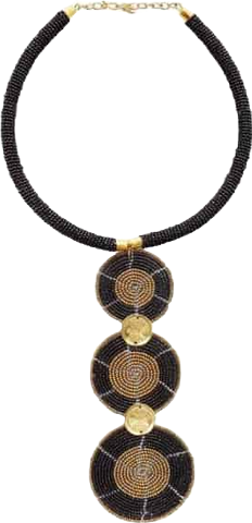 Mukiri Handcrafted African Beaded Necklace for Women – Kenyan Jewelry with Brass Shilling Accents, 3-Disc Tribal Design