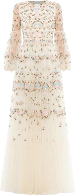 Women's Embroidered High Neck Illusion Sleeve Tiered Gown