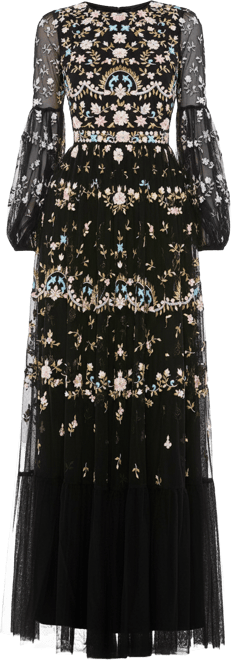 Women's Embroidered High Neck Illusion Sleeve Tiered Gown