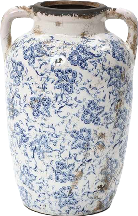Vintage Blue Floral Vase with Handles, Decorative Ceramic Jar for Farmhouse Decor