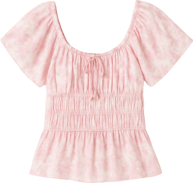 Juniors' Floral Print Short Sleeve Woven Top