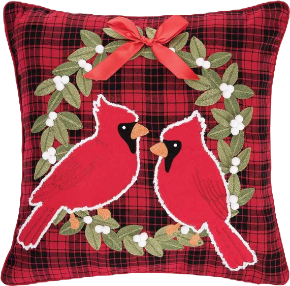 Red Cardinal on Holly Wreath Plaid Cotton Blend Christmas Tufted Accent Throw Pillow 18" x 18"