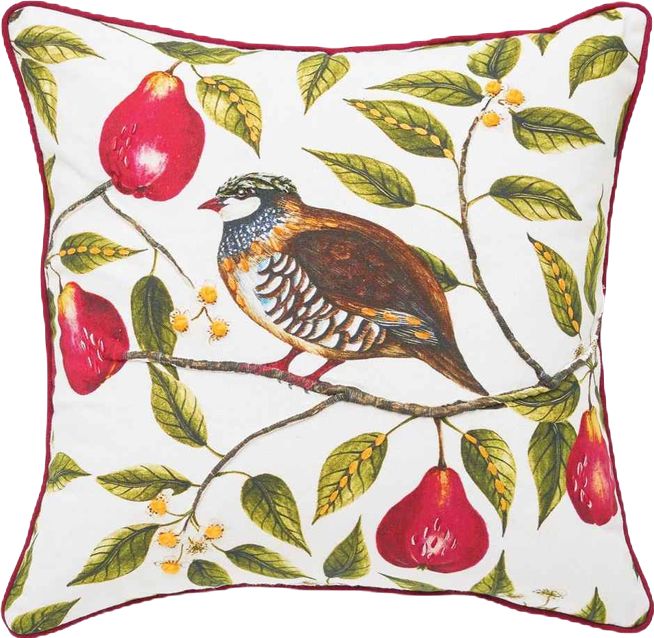 Partridge In A Pear Tree Printed 100% Cotton Christmas Accent Throw Pillow 18" x 18"