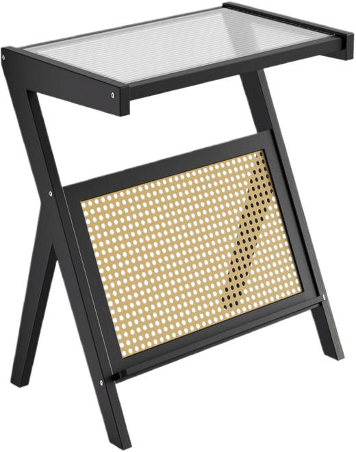 Rattan Side Table Bamboo Accent Bedside Table with Tempered Glass Top Black