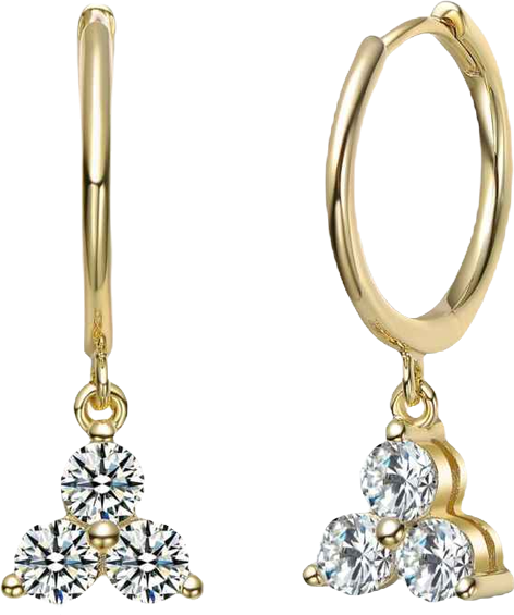 14K Gold Plated with Clear Cubic Zirconia Three Stone Drop Hoop Earrings