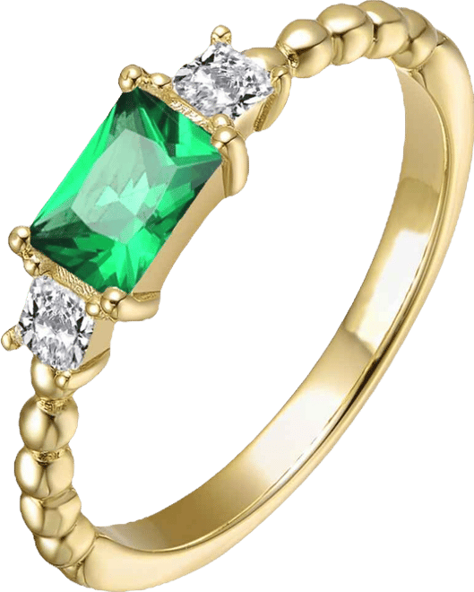 14K Gold Plated with Green & Clear Cubic Zirconia Three Stone Ring