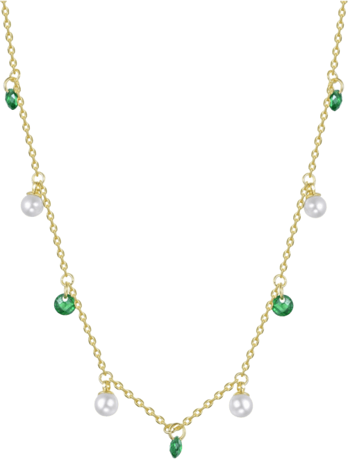 14K Gold Plated with Mother of Pearl and Green Cubic Zirconia Station Necklace