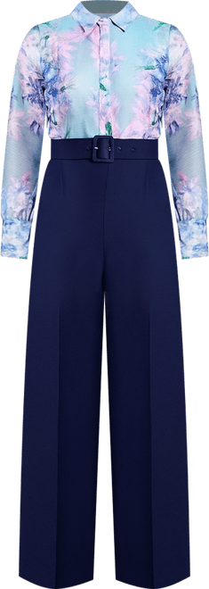 Women's Collared Wide Leg Belted Jumpsuit