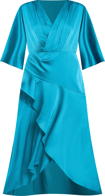 Women's Satin Back Crepe Ruffle Wrap Midi Dress